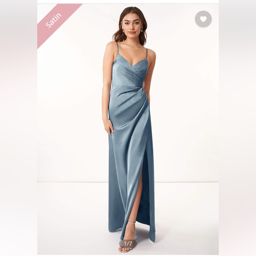 Azazie “Maci” stretch satin dusty blue bridesmaid dress